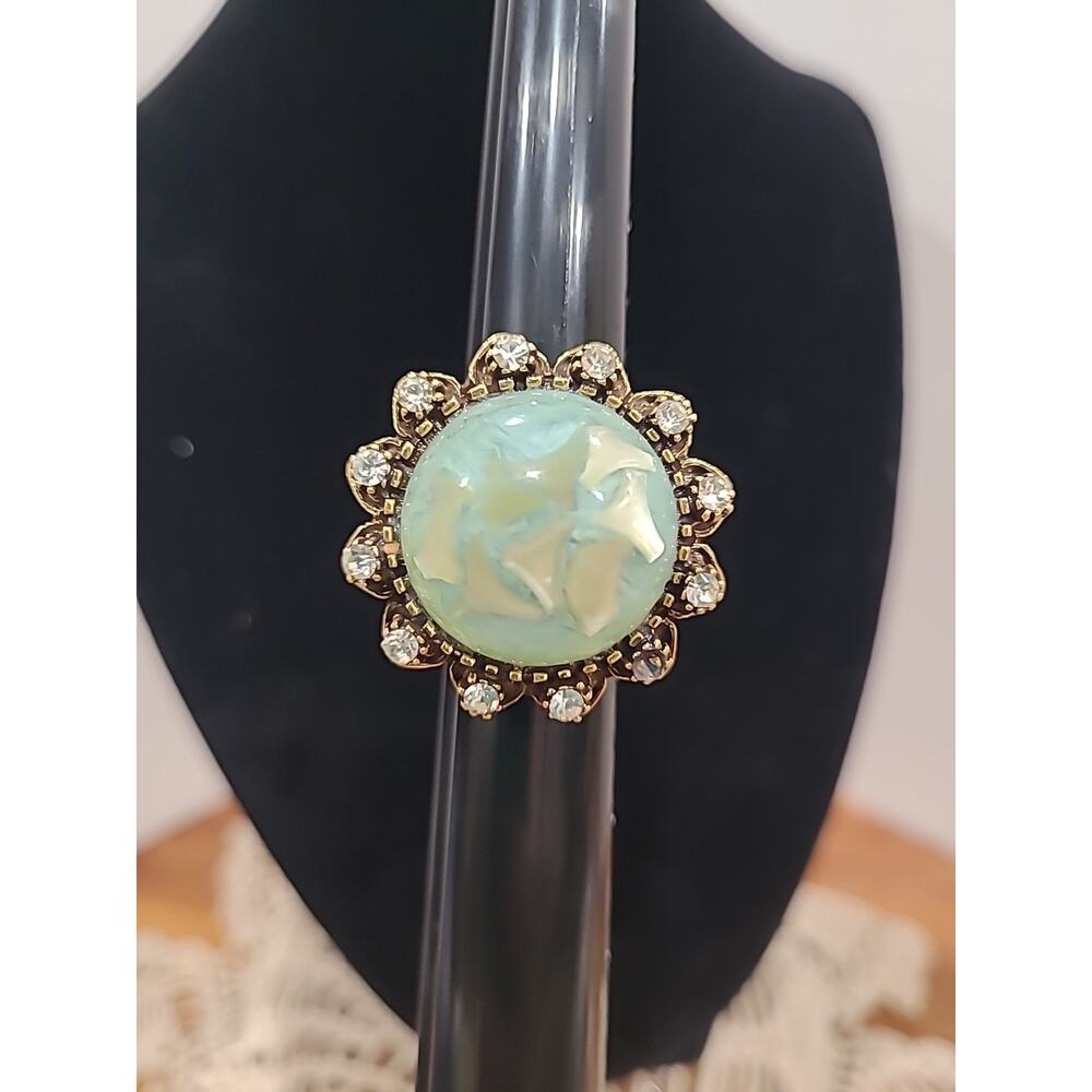 Vintage Yellow Gold Crystal Gemstones Womans Cocktail Ring Adjustable